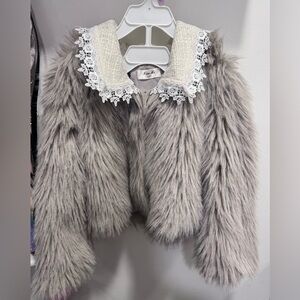 NWOT Umi Gray Faux Fur Kids Jacket with Lace Collar